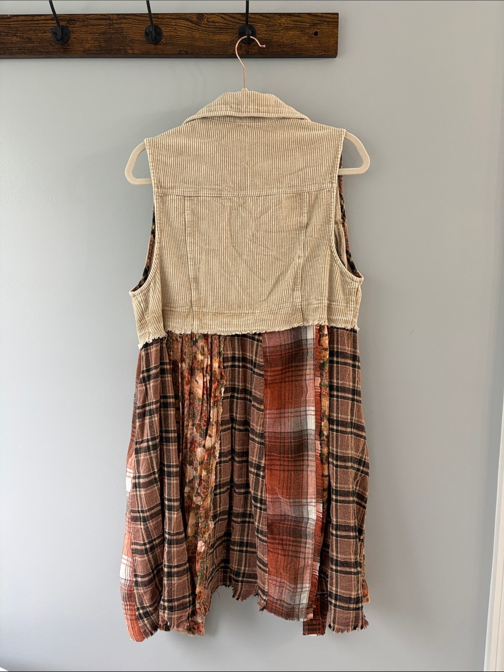 Boho Mixed-Print Corduroy Vest Dress in Cream and Rust - Picture 2 of 3